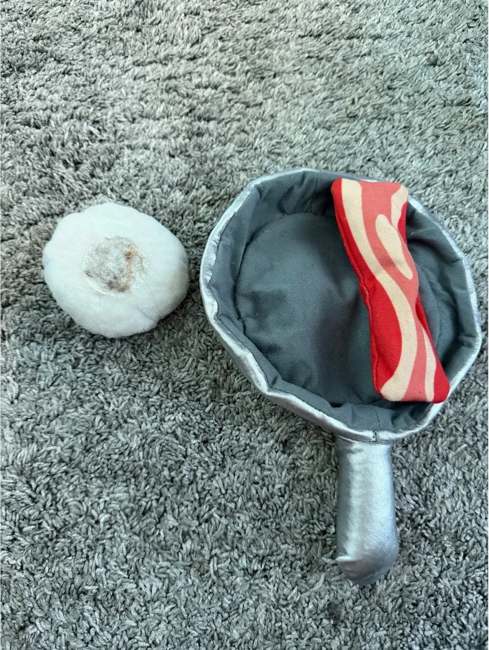 BARK Plush Dog Toy Set - Silver Frying Pan with Bacon and Sunny Side Up Egg S/M